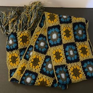 Chunky Crochet Granny Square Scarf in Mustard, Teal & Navy